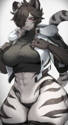 1girls absurdres animal_ears animal_nose black_hair black_panties black_shirt black_thighhighs body_fur breasts curvy furry furry_female gauntlets gradient_background grey_background hair_over_one_eye highres jacket large_breasts navel original panties shirt short_hair snout solo suurin_(ksyaro) tail thick_thighs thighhighs thighs tiger_ears tiger_girl tiger_tail underwear white_fur white_jacket wide_hips
