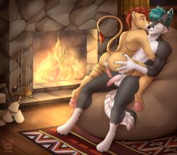 anthro anus ass balls brown_eyes butt_grab cabin canid canine cuddling digital_media_(artwork) duo embrace felid fireplace fox full-length_portrait fur furniture genital_piercing genitals grey_body hair half-erect hand_on_butt hug humanoid_genitalia inside kotezio lion male male/male mammal multicolored_body nude open_mouth pantherine paws penis penis_piercing piercing portrait prince_albert_piercing raised_tail red_hair romantic smile tattoo turquoise_hair yellow_body