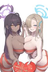 1218_haruru 2girls absurdres ahoge ass asuna_(blue_archive) black_hair blue_archive blue_eyes blue_ribbon blush box breast_press breasts cleaning_&_clearing_(blue_archive) closed_mouth commentary dark-skinned_female dark_skin grin hair_over_one_eye hair_ribbon halo heart-shaped_box highres holding_hands horny incoming_gift karin_(blue_archive) large_breasts light_brown_hair long_hair looking_at_viewer millennium_science_school_student multiple_girls naked_ribbon red_ribbon ribbon simple_background smile symmetrical_docking valentine valentine's_day white_background yellow_eyes