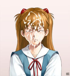 asuka_langley_sohryu azasuke clothing cum facial female female_only neon_genesis_evangelion orange_hair school_uniform solo straight_hair uniform