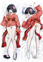 1girls anklehighs ass bare_shoulders barefoot bed black_eyes black_hair blue_eyes blush body_pillow bottomless candy dakimakura feet female flower footwear hair_flower hair_ornament haori highres japanese_clothes kiitarou_shounen_no_youkai_enikki kimono kneepits legs lollipop no_panties off_shoulder pale_skin peony_(flower) pinwheel pussy short_hair single_sock slippers smile socks socks_removed soles solo suckers suzu_(kiitarou) tabi thigh_gap toes tooo uncensored white_socks wink yukata