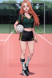 ai_generated crop_top long_hair nipple_bulge nipples one_eye_closed orange_hair outdoors shirt shorts soccer solo sportswear tagme tokyo_revengers uniform yuzuha_shiba