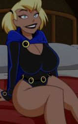 2d batman_(series) big_breasts blonde_hair dc edit edited harley_quinn nerota raven_(cosplay) short_hair teen_titans thick_thighs