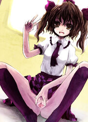 black_socks bottomless bow brown_eyes brown_hair checkered checkered_skirt hairbow hat hatate_himekaidou knee_socks kneehighs kneesocks kurona no_panties pubic_hair pussy short_hair skirt skirt_lift socks solo spread spread_legs spread_pussy tied_hair tokin_hat touhou twintails uncensored