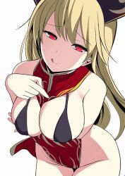 :q amisu arm_under_breasts between_breasts bikini black_bikini blonde_hair breasts cleavage closed_mouth cowboy_shot female groin headdress junko_(touhou) large_breasts long_hair mature_female milf one-hour_drawing_challenge pointing pointing_at_self red_eyes simple_background smile solo standing swimsuit tabard tongue tongue_out touhou white_background