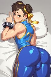 1boy 1femboy ai_generated ass ass_focus bare_shoulders bed big_ass big_ass_(male) blush bracelet brown_eyes brown_hair bubble_ass bubble_butt bulge bulge_through_clothing chun-li closed_mouth clothed clothing copernicus double_bun earrings femboy femboy_focus femboy_only from_behind fully_clothed genderswap_(ftm) hair_bun looking_at_viewer looking_back lying lying_on_stomach male male_focus male_only muscular on_stomach one_eye_closed otoko_no_ko pillow rizdraws_(ai_style) rule_63 smile solo solo_femboy solo_focus solo_male spiked_bracelet street_fighter street_fighter_alpha tight_clothing v v_sign wink winking_at_viewer