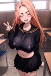 ai_generated chairs classroom closed_eyes crop_top long_hair navel nipple_bulge open_mouth orange_hair school_uniform standing tokyo_revengers v_sign yuzuha_shiba