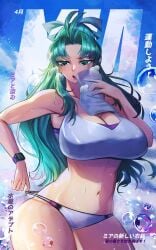 1girls artist_request belly_button blue_eyes blue_hair bubbles clock golden_sun japanese_text large_breasts mia_(golden_sun) nintendo ponytail slim_waist solo sports_bra sportswear steam sweat thick_thighs towel