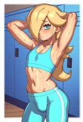 1boy ai_generated armpits arms_behind_head arms_up bare_shoulders belly blonde_hair blue_eyes blush bulge bulge_through_clothing closed_mouth copernicus crossdressing femboy feminine_male genderswap_(ftm) girly gym gym_locker hair_over_one_eye hands_on_hips latex locker locker_room long_hair looking_at_viewer male male_focus male_only mario_(series) midriff navel otoko_no_ko otokonoko penis_shaped_bulge platform_heels prince_ronaldo princess_rosalina rizdraws_(ai_style) rule_63 skin_tight solo sports_bra sportswear standing stomach super_mario_galaxy sweat sweaty sweaty_body tagme yoga_pants