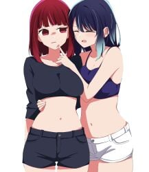 2girls angry angry_expression angry_eyes angry_face arima_kana bare_arms bare_midriff bare_shoulders belly belly_button black_shorts blue_eyes blue_hair bodsur breasts catfight cleavage dot_nose elbows female female_focus female_only finger_on_face finger_on_lip fingers hand_on_another's_stomach hand_on_waist hi_res high_resolution highres hourglass_figure kurokawa_akane large_breasts light_skin long_hair medium_breasts multiple_girls navel oshi_no_ko red_eyes red_hair shorts shoulders simple_background slender_body slender_waist slim_girl slim_waist standing student teenager thick_thighs thighs thin_waist topwear upper_body white_background white_shorts