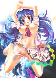 1futa barefoot between_breasts blue_hair blush breasts bulge clothes_between_breasts erect_nipples futa_only futa_sans_balls futanari intersex long_hair midriff motatei navel nipples open_mouth panties penis penis_in_panties red_eyes solo tenshi_hinanawi touhou underwear