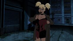 1girls 2d batman_(series) big_breasts black_lipstick blonde_hair dc dc_comics edit edited harley_quinn harley_quinn_(classic) huge_breasts looking_at_viewer looking_back rokasta1_(artist) short_hair tagme twintails