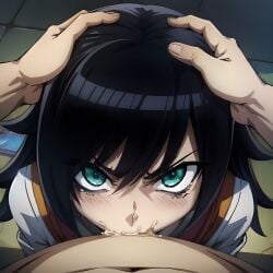 1boy 1girls ai_generated all_the_way_to_the_base angry angry_face angry_fellatio arbitrary black_hair blowjob cum cum_in_mouth cum_in_throat deepthroat face_fucking fellatio female female_focus forced_oral grabbing_hair grabbing_head green_eyes hands_on_head head_grab hi_res kuroki_tomoko looking_at_viewer messy_hair oral oral_creampie penis_in_mouth pov pov_eye_contact stable_diffusion teenager throat_fuck tight_throat watashi_ga_motenai_no_wa_dou_kangaetemo_omaera_ga_warui! young