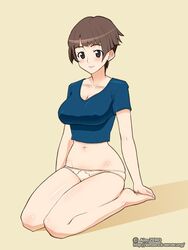 1girls aim-zero bob_cut breasts brown_eyes brown_hair cleavage female gake_no_ue_no_ponyo kneeling large_breasts lisa_(ponyo) milf no_pants panties pointy_chin ponyo_on_the_cliff_by_the_sea seiza short_hair sitting solo straight_hair studio_ghibli underwear very_short_hair white_panties