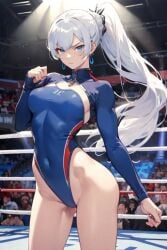 1girls ai_generated blue_eyes codestormcynet mistral_outfit ponytail rwby weiss_schnee weiss_schnee_(mistral) white_hair wrestling_outfit