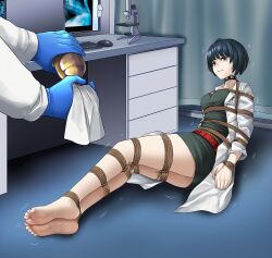 1girls barefoot belt blue_hair bondage bound chloroform coat computer_keyboard computer_mouse dress female gag gloves green_dress lab_coat labcoat legs legs_together long_legs monitor persona persona_5 rope_bondage scientist short_hair soles tae_takemi thighs tied toes yanx5