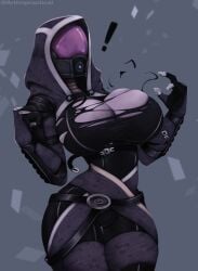 alien_girl big_breasts breast_expansion breasts helmet hood impracticalart mask mass_effect purple_skin quarian ripped_clothing skintight_bodysuit tali'zorah_nar_rayya thick_thighs