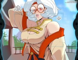 1girls artist_name breasts camera_hud camera_view cleavage cleavage_cutout clothed clothing english_text eyewear female female_only glasses image_set laundrymom light-skinned_female light_skin nintendo open_mouth patreon_username purah purah_(tears_of_the_kingdom) red_eyes solo subscribestar_username tears_of_the_kingdom text the_legend_of_zelda white_hair