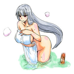 blush breasts censored grey_hair hair huge_breasts kikuta large_breasts long_hair nude onsen penis red_eyes selvaria_bles silver_hair towel valkyria_chronicles valkyria_chronicles_1 water wet