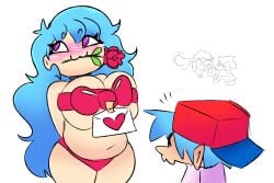 2boys 2girls :3 big_breasts blue_hair blue_hair_female blue_hair_male blush boyfriend_(friday_night_funkin) chikiababy flower friday_night_funkin friday_night_funkin_mod girlfriend_(friday_night_funkin) hat heart heart-shaped_pupils letter moments_before_disaster official_art pico_(newgrounds) practically_nude ribbons skyblue skyblue_(friday_night_funkin) tagme valentine's_day white_background