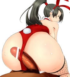 ass bent_over black_hair breasts brown_eyes bunny_ear bunnysuit buttjob censored dark-skinned_male dark_penis dark_skin dead_or_alive female fishnets hawoku_ishibare huge_ass human interracial large_breasts long_hair looking_back male male_pov momiji_(ninja_gaiden) ninja_gaiden penis ponytail pov straight sweat tecmo thighhighs tied_hair