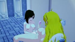 3d artist_request bathroom blonde_hair female futa_on_female futanari incest intersex ruby_rose rwby source_request urinal yang_xiao_long
