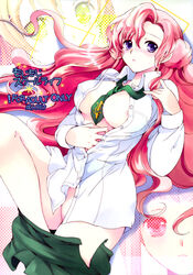 1girls areola_slip between_breasts blush breasts cleavage code_geass curly_hair euphemia_li_britannia female highres kurimomo large_breasts long_hair lying necktie necktie_between_breasts nipple_slip nipples no_bra no_panties open_clothes open_shirt pink_hair purple_eyes pussy_juice shirt solo undressing