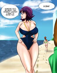 2girls alternate_breast_size ass beach blue_sky blue_swimsuit blue_swimwear breasts breasts_out brown_hair bulge collarbone covered_navel curvy delia_ketchum_(pokemon) english_text erection erection_under_clothes game_freak green_one-piece_swimsuit guyvanity hands_on_own_hips hetero highleg highleg_swimsuit highres huge_ass large_breasts looking_at_another looking_at_viewer looking_away low_ponytail multiple_girls nintendo nipples one-piece_swimsuit one_piece_swimsuit philena_ivy pokemon pokemon_ep018 pokemon_professor pokemon_rgby purple_eyes purple_hair purple_hair_female shiny_skin skindentation sky straight swimsuit walking water wide_hips