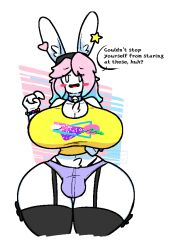 1boy anthro bell_collar big_breasts breasts breasts_bigger_than_head bulge busty_boy chest_tuft cleavage collar dialogue furry futanari huge_breasts intersex lagomorph lagomorph_humanoid peanut_butter_(theycallhimcake) penis rabbit text thick_thighs utterlybrandsky wide_hips