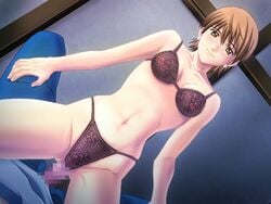 1boy 1girls black_lingerie bra breasts brown_eyes brown_hair censored clothing cowgirl_position earrings emiya_shirou fate/stay_night fate_(series) fujimura_taiga girl_on_top jewelry lingerie panties partial_male penis see-through_bra see-through_lingerie see-through_panties sex short_hair small_breasts straddle team_tanabe tomoe_tenbu underwear