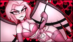 1girls angel angel_girl angel_wings female female_focus female_only hazbin_hotel lingerie lingerie_bra lingerie_only lingerie_panties lute_(hazbin_hotel) mokamizore pin_up pinup short_hair smile solo solo_female solo_focus spear valentine's_day vivziepop