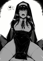 2d black_hair chainsaw_man face_scar female female_focus front_view grayscale greyscale implied_penetration looking_at_viewer masoq095 mitaka_asa monochrome nun open_mouth pelvic_curtain pov scar scar_on_face straight thighs yoru_(chainsaw_man)