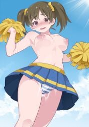 blue_skirt blue_sky breasts brown_eyes brown_hair cheerleader cloud commentary_request day female hammer_(sunset_beach) holding holding_pom_poms long_hair looking_at_viewer medium_breasts navel nipples original outdoors panties pleated_skirt pom_pom_(cheerleading) pussy_juice short_hair skirt sky solo striped_clothes striped_panties sunlight topless twintails underwear