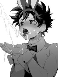 1boy bakudeku blush_lines bowtie bunny_ears bunnysuit cum cum_in_mouth cum_on_face cum_on_tongue cumshot deku gay goodbye_glory izuku_midoriya male male_focus male_only midoriya_izuku my_hero_academia tongue yaoi