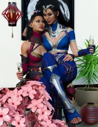 2girls 3d bisexual_(female) black_hair celebration champagne clone drinking edenian female female_only fingerless_gloves flower hand_on_head hand_on_thigh head_pat implied_incest kitana kitana_(new_era) kiteena long_hair mileena mileena_(new_era) mortal_kombat mortal_kombat_1_(2023) princess rayalterego23 royalty seductive_look seductive_smile sisters sitting_on_knee sitting_on_lap straddling toes twincest twins yuri