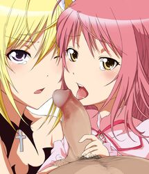 2girls amulet_angel blonde_hair blush censored clothing collaborative_fellatio cross fellatio hinamori_amu hoshina_utau long_hair lunatic_charm magical_girl multiple_fellatio multiple_girls oral penis pink_hair pubic_hair shugo_chara shugo_chara! ta_(tama20150125) teamwork tears tongue