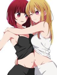 +_+ 2girls arima_kana bare_arms belly belly_button black_pants black_top black_topwear blonde_female blonde_hair blonde_hair_female blush bob_cut bodsur breast_press cleavage closed_mouth female hand_on_another's_hip hand_on_another's_shoulder hand_on_another's_stomach hand_on_hip hand_on_waist hi_res highres hoshino_ruby hug hug_breasts hugging inverted_bob kusana_(kusana47454281) long_hair looking_at_another medium_breasts multiple_girls navel one_eye_closed open_mouth oshi_no_ko pants pink_eyes red_eyes red_hair short_hair sideboob smile sweatdrop v-line white_background white_pants white_top white_topwear wholesome yuri