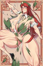 1girls 2d armpit big_breasts blue_eyes blush braided_bangs braided_hair breasts clenched_teeth crossed_eyes embarrassed_nude_female enf female hat hips hong_meiling huge_breasts hyperomizu large_breasts legs long_hair muscular muscular_female on_one_leg open_mouth red_hair shocked shocked_expression shoes simple_background solo source standing suddenly_naked surprised surprised_expression sweat thick_legs thick_thighs thighs touhou wardrobe_malfunction wide_hips