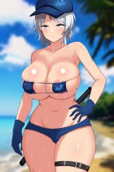 armpits beach big_breasts bikini blue_bikini blue_eyes breast_squish eyepatch_bikini faust_(limbus_company) female female_focus female_only gloves hand_on_hip hat leg_belt limbus_company logo project_moon sea short_hair short_shorts sweat sweatdrop sweating weapon white_hair