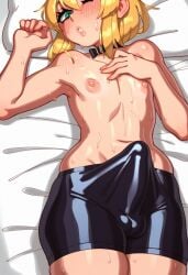 1boy ai_generated androgynous bed bike_shorts blonde_hair blush bridget bulge bulge_through_clothing copernicus crossdressing erection erection_under_clothes femboy feminine_male girly green_eyes guilty_gear guilty_gear_strive long_hair looking_at_viewer lying lying_on_back male male_focus male_only nipples on_back on_bed one_eye_closed otoko_no_ko otokonoko pale-skinned_male pale_skin parted_lips penis penis_under_clothes pillow rizdraws_(ai_style) shorts solo solo_focus solo_male teenager topless topless_male trap