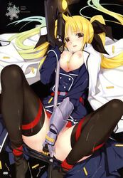 bardiche blonde_hair breasts clothing cum fate_testarossa female female_only high_resolution human large_breasts lyrical_nanoha mahou_shoujo_lyrical_nanoha mahou_shoujo_lyrical_nanoha_strikers mikazuki_akira nipples open_clothes open_shirt panties parody princess_lover shirt silvia_van_hossen solo stockings straight_hair thighhighs tied_hair twintails