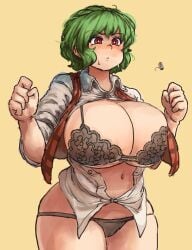 black_bra black_panties blush bra breasts brown_background bursting_breasts cameltoe chanta_(ayatakaoisii) cleavage collared_shirt cowboy_shot curvy dress_shirt female female_focus green_hair hands_up highres huge_breasts kazami_yuuka lace lace_bra large_breasts long_sleeves lowleg lowleg_panties navel no_pants open_clothes open_shirt panties plaid plaid_vest popped_button red_eyes red_vest shirt short_hair simple_background sketch sleeves_rolled_up solo stomach sweat thick_thighs thighs touhou underwear vest wardrobe_malfunction white_shirt wide_hips yuka_kazami