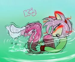 2021 amy_rose anthro blush bodily_fluids clothed clothed_masturbation clothing ejaculation english_text eulipotyphlan female fully_clothed genital_fluids gloves green_eyes handwear hedgehog hi_res kitsu_(artist) mammal masturbation masturbation_through_clothing medium_breasts pussy_ejaculation sega solo sonic_(series) sonic_riders sonic_the_hedgehog_(series) sweat text vaginal_fluids water wet.