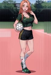 ai_generated crop_top long_hair nipple_bulge nipples one_eye_closed orange_hair outdoors shirt shorts soccer solo sportswear tagme tokyo_revengers uniform yuzuha_shiba