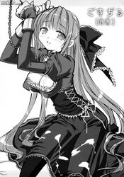 arms_up bondage breasts cleavage collar copyright_request cuffs cum cum_on_body cum_on_breasts cum_on_clothes cum_on_hair cum_on_upper_body cumdrip highres japanese_text large_breasts leash lolita_fashion long_hair monochrome page_111 page_number pantyhose sasahiro sitting