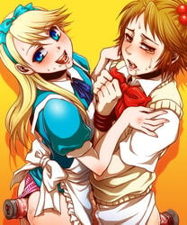 2boys after_kiss alice_in_wonderland alice_liddell_(cosplay) anal blonde_hair blue_eyes blush bondage bottomless brown_eyes brown_hair canon_crossdressing cosplay crossdressing cry dildo dubious_consent femboy gay hair_ornament hanamura_yousuke human human_only lilysick lingerie long_hair male multiple_males open_mouth persona persona_4 public_domain questionable_consent ribbon saliva saliva_trail school_uniform sweat tears teddie_(persona) tied trap trap_on_trap uke_on_uke underwear vibrator yaoi