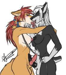 2012 anthro balls blue_eyes blush braids breasts canine collar cum dickgirl doberman frottage fur furry hair intersex jekka kissing knot leash nipples nude penis ponytail red_hair red_wolf rokemi rule_63 sheath standing tied_hair tongue white_hair wolf wolf_nanaki