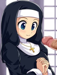 blue_eyes blush censored clothing cross crucifix dark_penis darkstalkers felicia_(darkstalkers) female hands_clasped huge_eyes konpeto male_focus mosaic_censoring nun original penis penis_awe pointy_chin praying smile solo wrong_eye_color