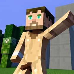 ai_generated beard green_eyes male male_only minecraft penis raised_arm short_hair steve_(minecraft)