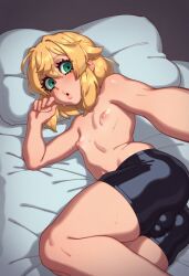 1boy ai_generated androgynous ass bed bike_shorts blonde_hair blush bridget bulge bulge_through_clothing copernicus crossdressing femboy feminine_male gay girly guilty_gear guilty_gear_strive long_hair looking_at_viewer lying lying_on_back male male_focus male_only nipples on_back on_bed otoko_no_ko otokonoko pale-skinned_male pale_skin parted_lips pillow rizdraws_(ai_style) selfie shorts solo solo_focus solo_male teenager topless topless_male trap